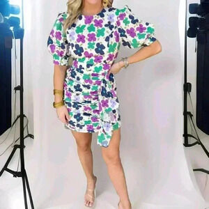 Aureum Ruched Sash Floral Mini Multicolor Dress Size Medium